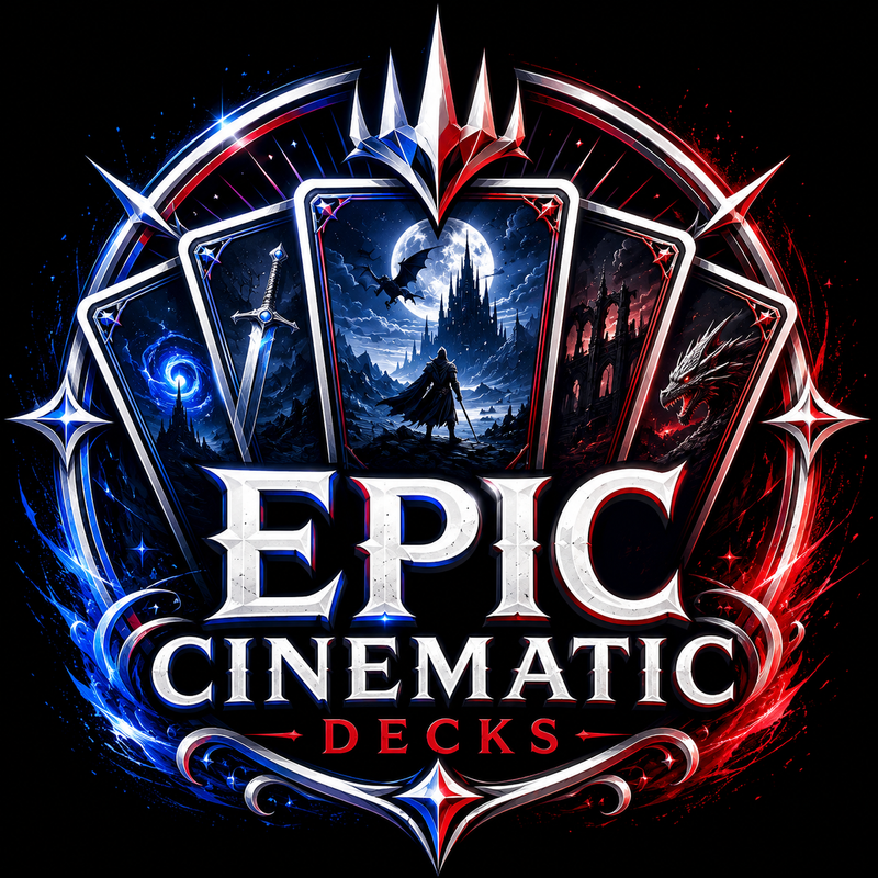 Epic cinematic MTG Commander decks with dramatic fantasy artwork and immersive story-driven design