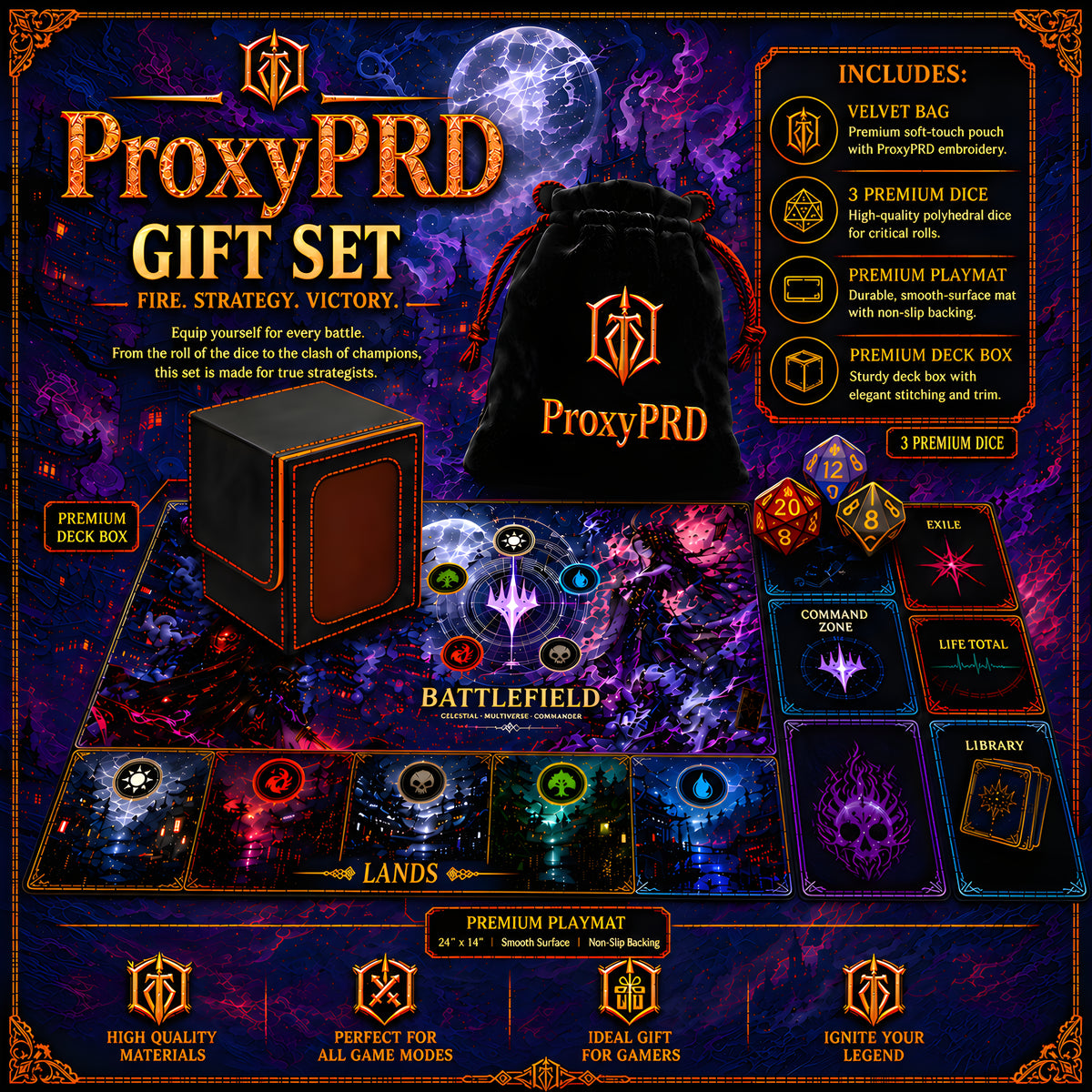 Box + playmat + dice + velvet bag | PrimeDecks
